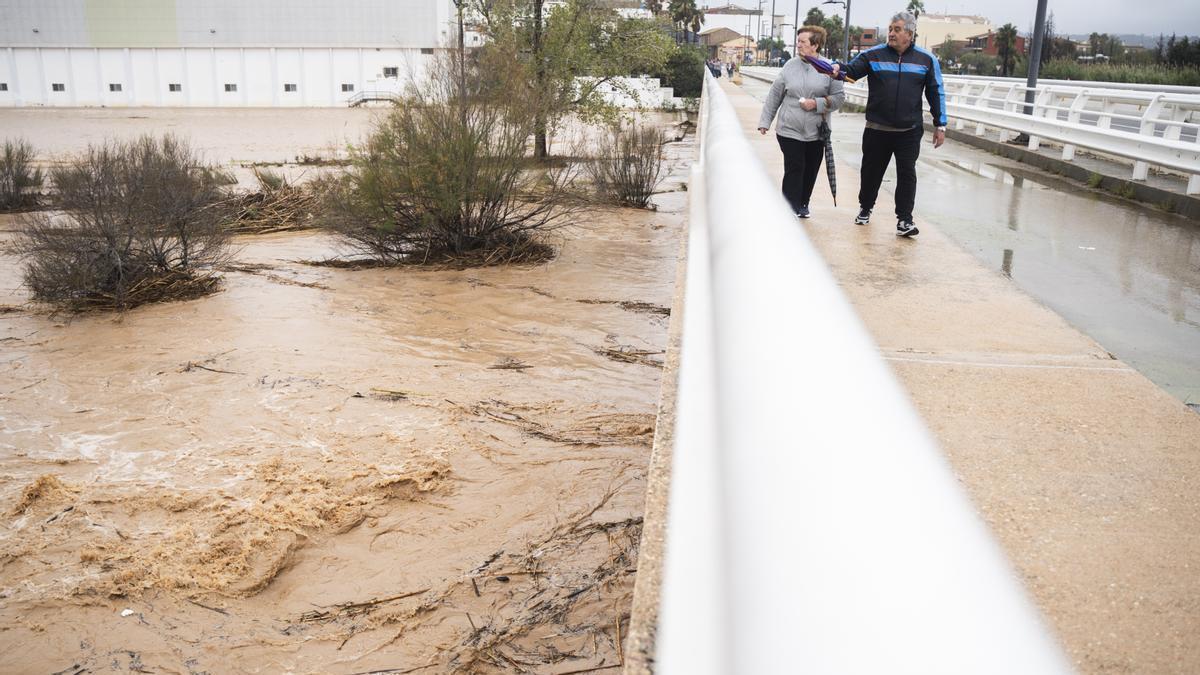 Varios vecinos observan la crecida del río Magre.
