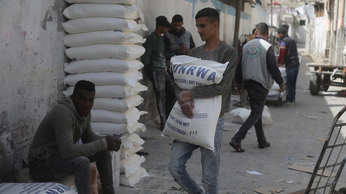 Foto de archivo de un trabajador palestino cargando un saco de harina de la Agencia de la ONU para los refugiados de Palestina.