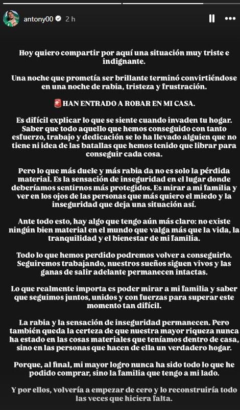 Mensaje de Antony en redes sociales.