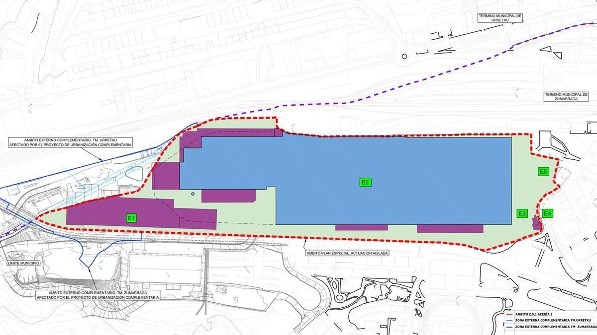En morado, los pabellones que derribará Sprilur.
