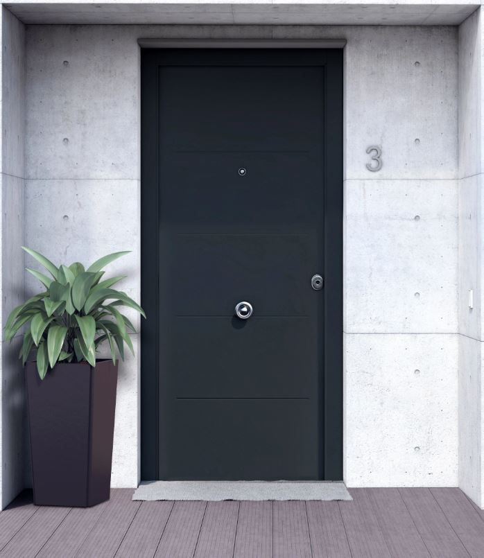 Puerta de entrada metálica serie Saga fresada gris 7016
