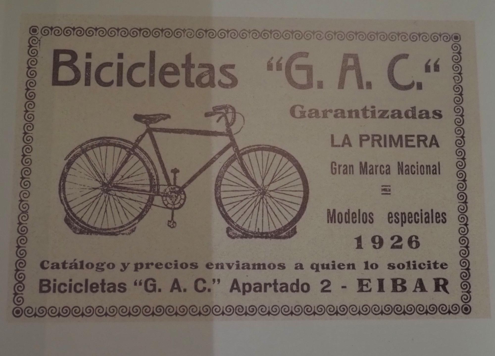 Imagen publicitaria de la primera bicicleta fabricada por GAC en 1926.