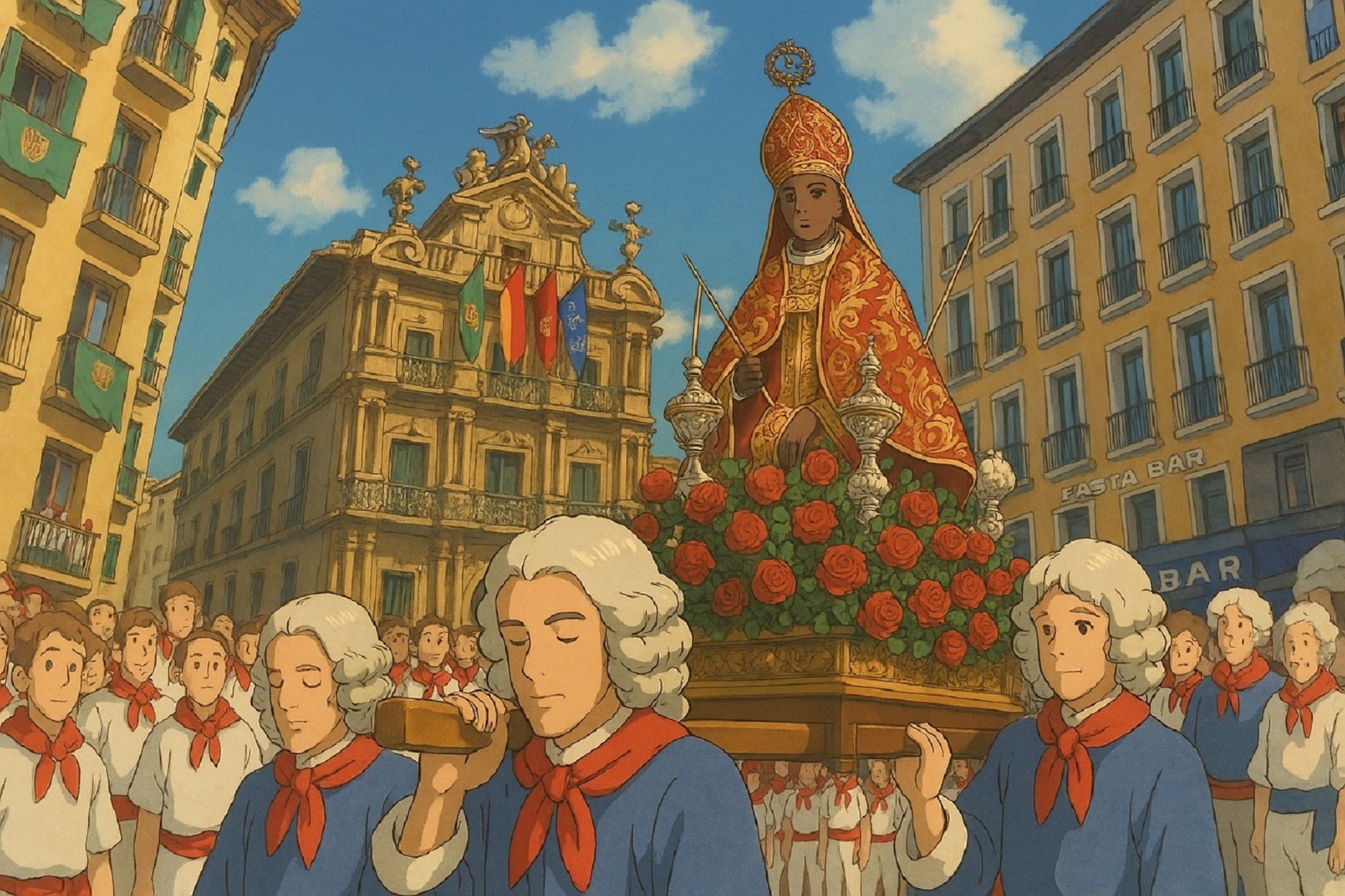 La procesión de San Fermín al estilo del estudio Ghibli sobre una foto de Oskar Montero