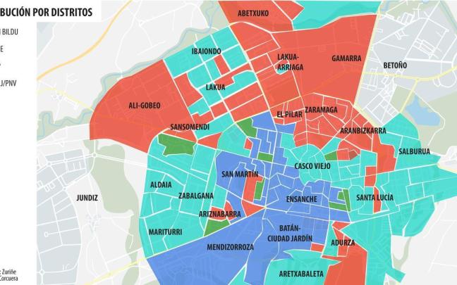 La coalición soberanista se lleva el voto de los nuevos barrios y del Casco Viejo l El PSE se hace fuerte en la franja norte de Gasteiz l El PP mantiene su feudo U081195H