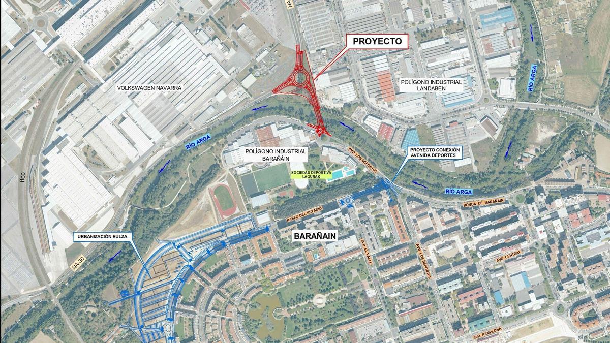 Marcado en rojo, el proyecto con la nueva rotonda en Barañáin y el puente sobre el Arga.