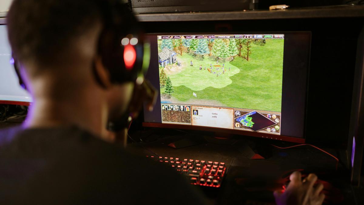 Un joven juega a un videojuego en el que hay que construir una población en el campo.