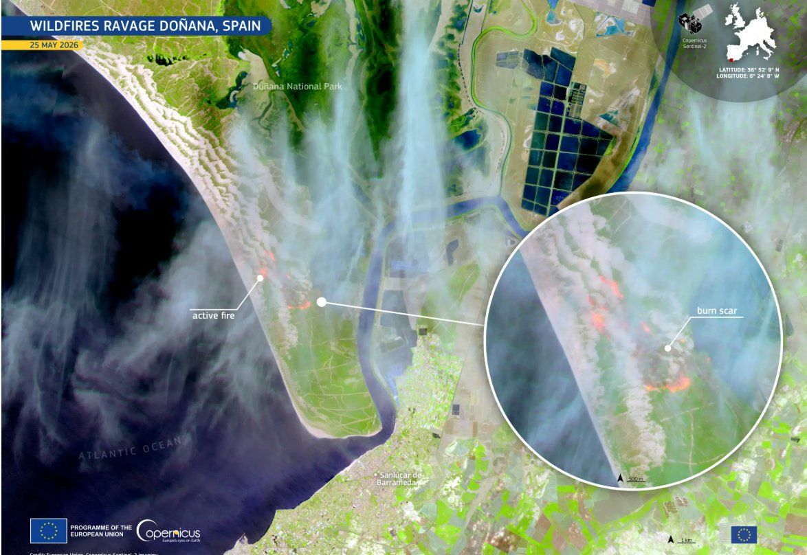 Imágenes tomadas por satélite que muestran los dos incendios forestales que se declararon entre el 24 y el 25 de mayo de 2026 en el Parque Nacional de Doñana.