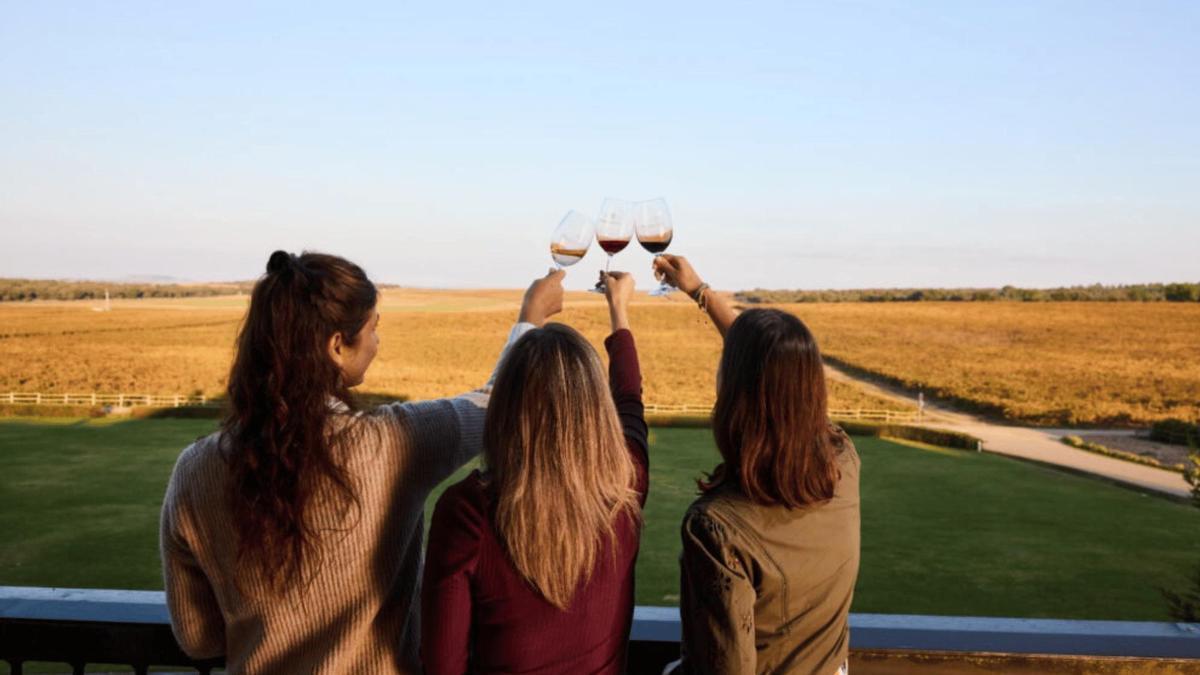 Tres amigas de visita en una bodega de Ribera del Duero