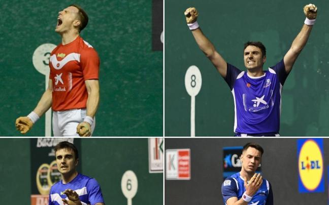 Iñaki Artola, Jon Ander Peña, Peio Etxeberria y Javier Zabala, semifinalistas del Cuatro y Medio de San Fermín. / Arnaitz Rubio, Javier Colmenero y Pedro Martínez Iñaki Artola, Jon Ander Peña, Peio Etxeberria y Javier Zabala, semifinalistas del Cuatro y Medio de San Fermín.