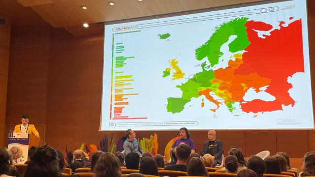 El Rainbow Map 2025 de ILGA-Europe en pantalla, que ilustra la disparidad de derechos LGBTI+ en Europa