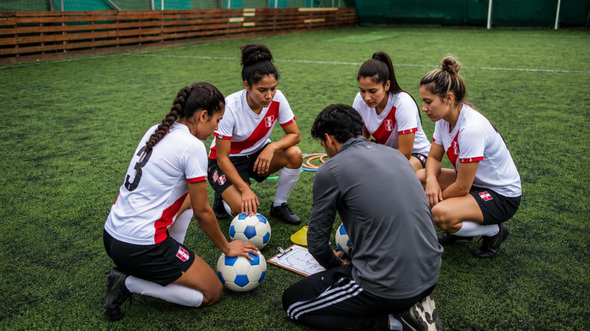 Equipo femenino de fútbol revisando indicaciones técnicas en el campo de entrenamiento