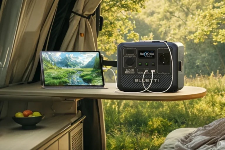 Estación portátil Bluetti cargando una tableta y un móvil en el interior de una autocaravana