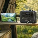 Estación portátil Bluetti cargando una tableta y un móvil en el interior de una autocaravana