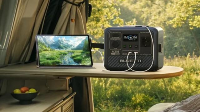 Estación portátil Bluetti cargando una tableta y un móvil en el interior de una autocaravana