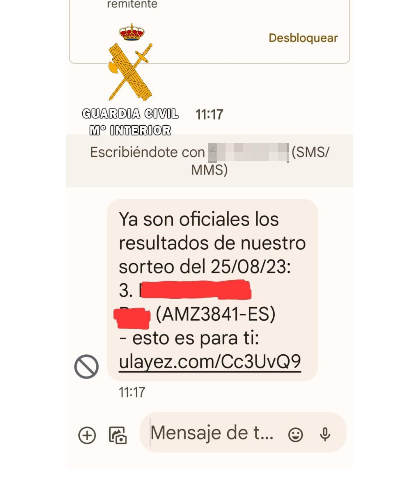Imagen de un SMS con el que intentan estafar haciéndose pasar por Amazon. Foto: Guardia Civil