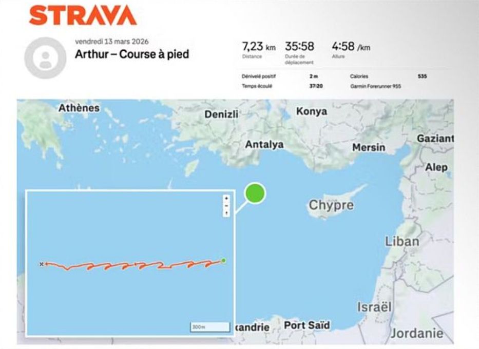 La captura de la 'ruta' en Strava del militar publicada por 'Le Monde'.