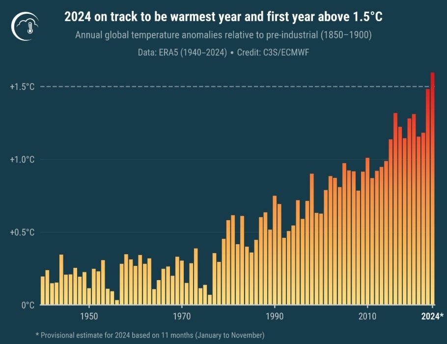 La anomalía anual de la temperatura media global, comparada con los niveles preindustriales.
