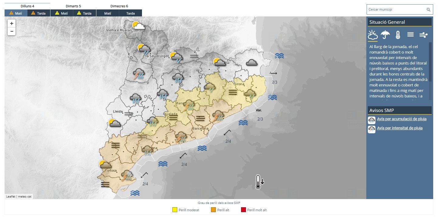 Mapa de la situación meteorológica este lunes en Catalunya. Mapa de la situación meteorológica este lunes en Catalunya.