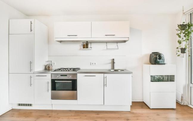 Cocina con un armario debajo del fregadero.