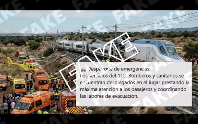 Imagen falsa del despliegue de equipos de emergencia en Urda (Toledo) tras la colisión de trenes.