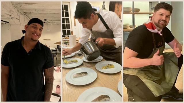 Orlando, en el centro, emplata mientras César y Jean Carlos ponen rostro a una nueva generación de cocineros que mantiene viva la tradición vasca desde sus raíces latinas