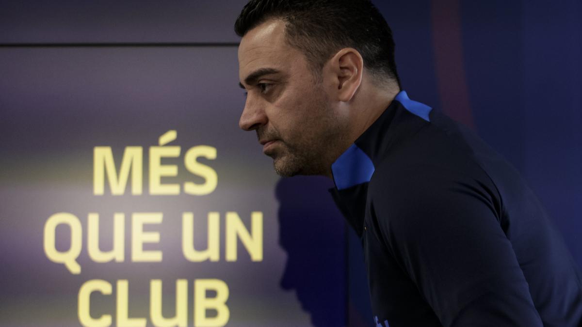 Xavi Hernández. en la rueda de prensa de este sábado en el Camp Nou