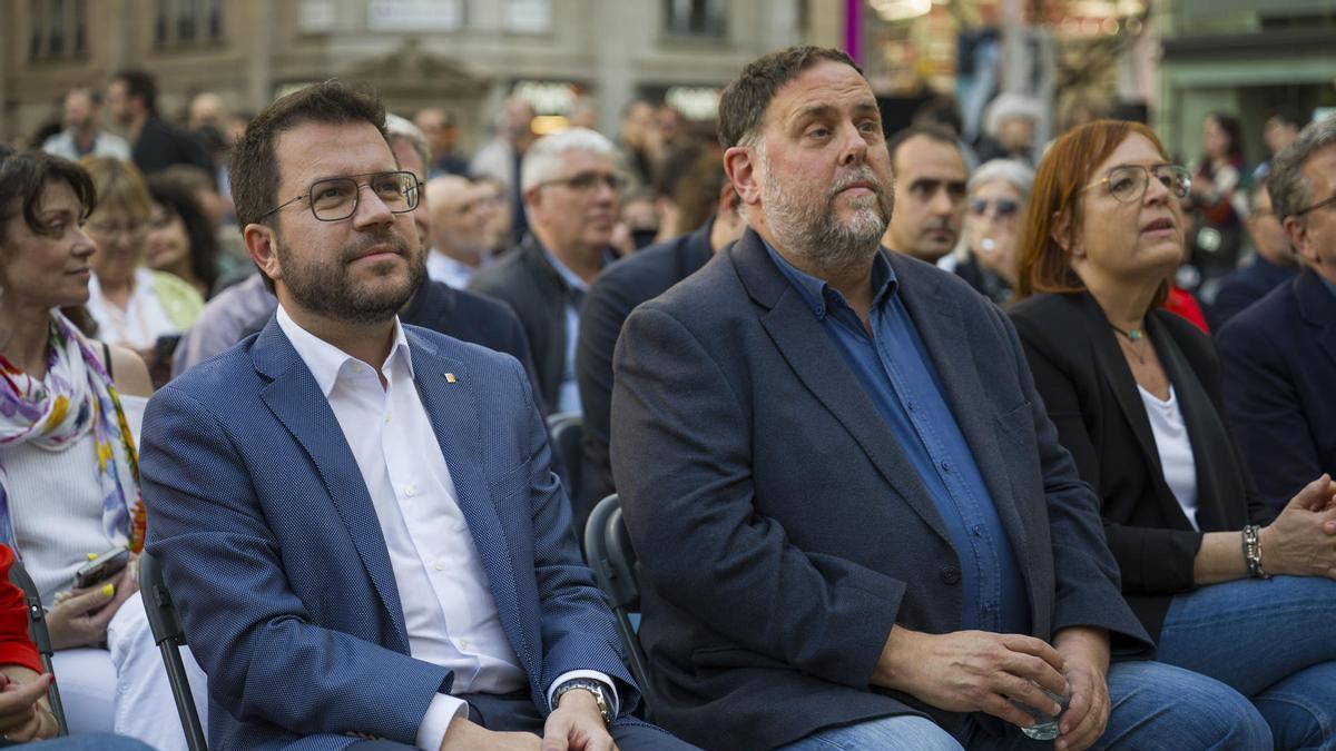 Pere Aragonès y Oriol Junqueras durante el acto en Lleida.