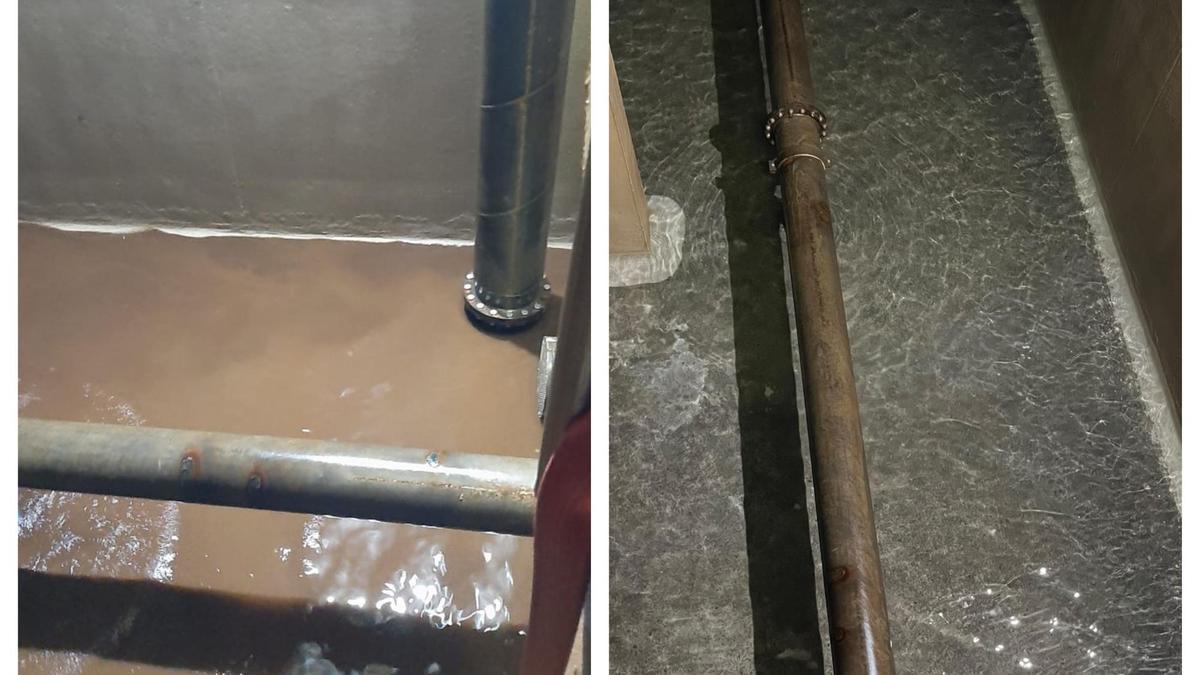A la izquierda, la imagen del depósito municipal con la entrada de barro, y a la derecha su estado actual tras las labores de limpieza.