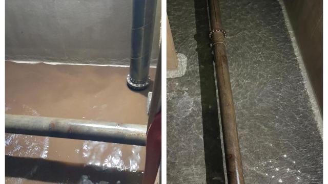 A la izquierda, la imagen del depósito municipal con la entrada de barro, y a la derecha su estado actual tras las labores de limpieza.
