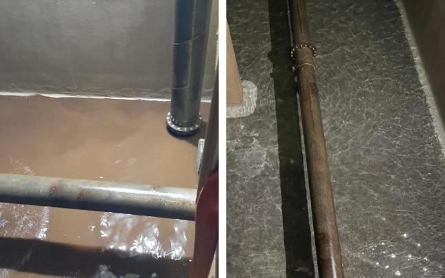A la izquierda, la imagen del depósito municipal con la entrada de barro, y a la derecha su estado actual tras las labores de limpieza.