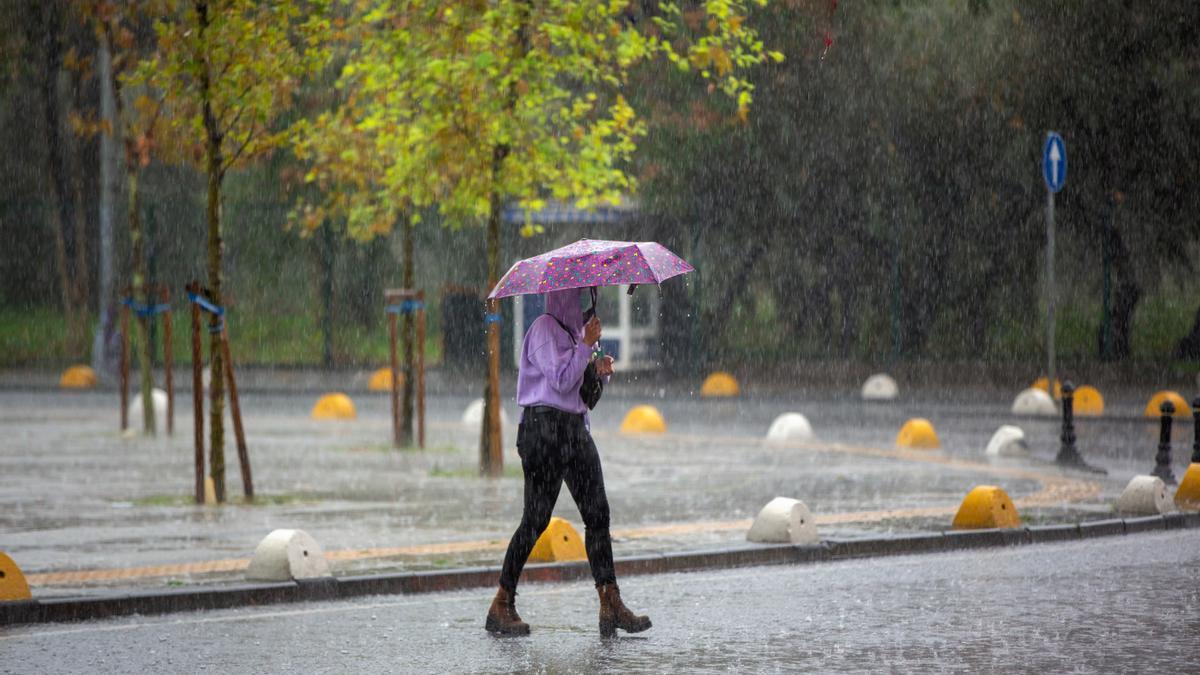 Una joven se protege de la fuyete lluvia debajo de un paraguas.