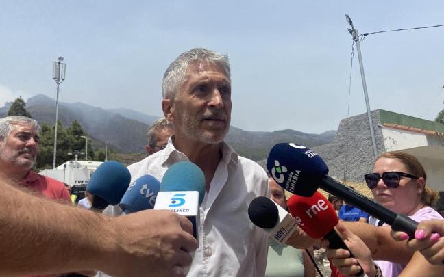 El ministro del Interior en funciones, Fernando Grande-Marlaska, en su visita a la zona incendiada de Tenerife. El ministro del Interior en funciones, Fernando Grande-Marlaska, en su visita a la zona incendiada de Tenerife.