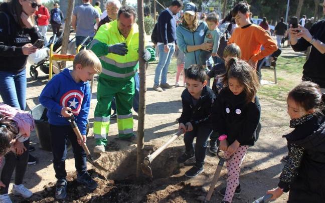 Varios niños y niñas plantando arboles en zona del Corazón de María Varios niños y niñas plantando arboles en zona del Corazón de María