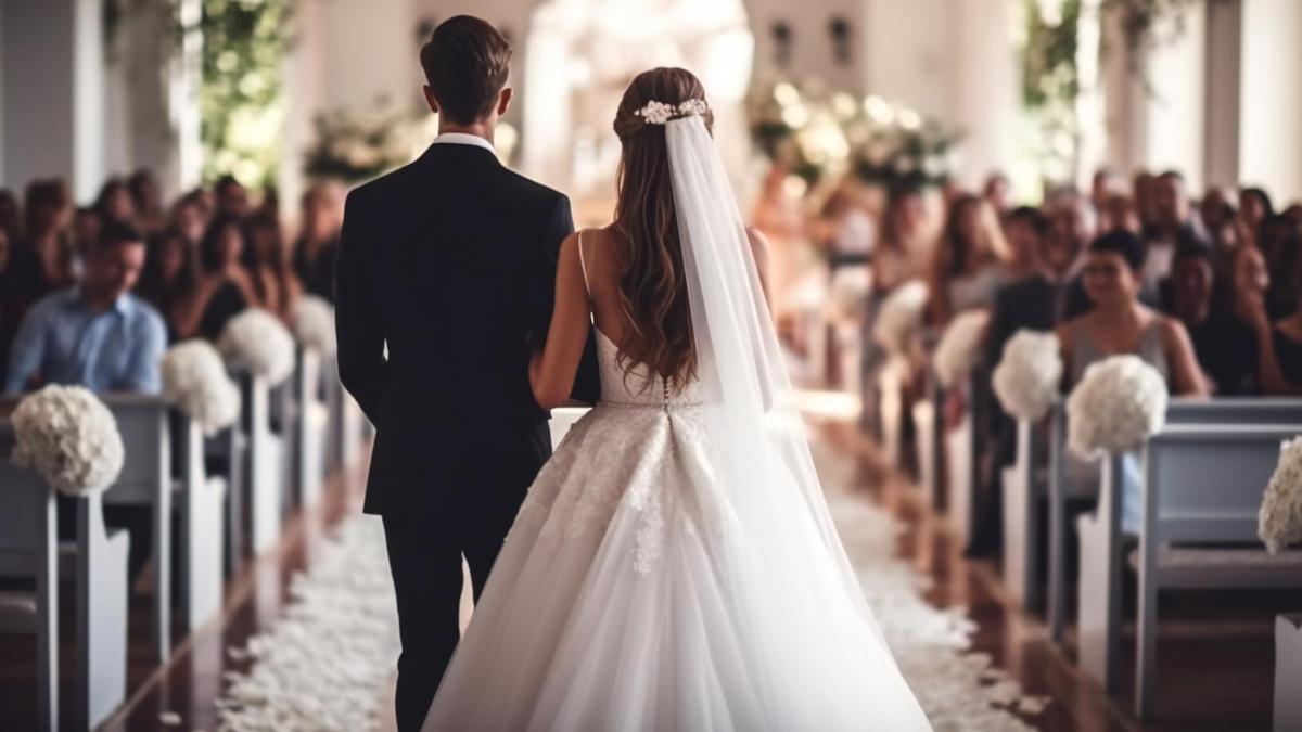 Una pareja de novios, caminando por el pasillo de una iglesia.