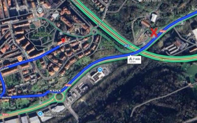 Zona afectada por el corte nocturno del tráfico en un acceso a Galdakao