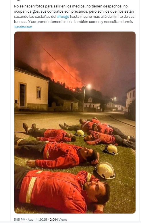 Esta foto sí es falsa y creada por IA. Se nota en el bombero con dos brazos izquierdos.