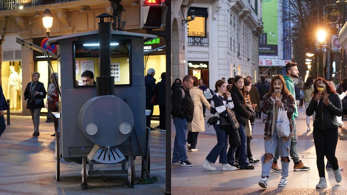 Varias personas hacen cola en una heladería de Bilbao mientras el puesto de castañas se encuentra vacío.