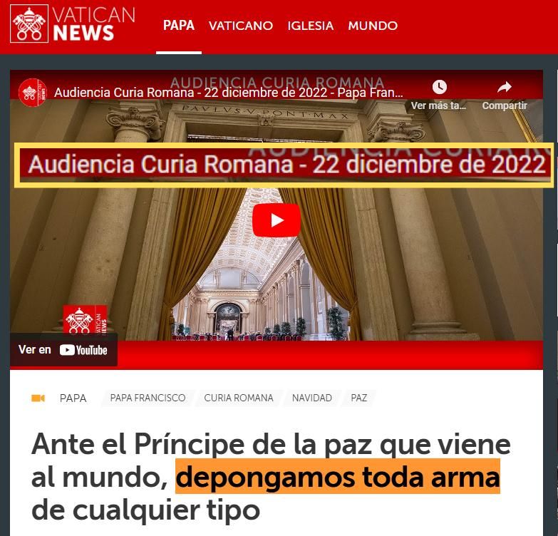 Nota de Vatican News (agencia oficial) sobre la audiencia del papa con la Curia Romana el 22 de diciembre de 2022.