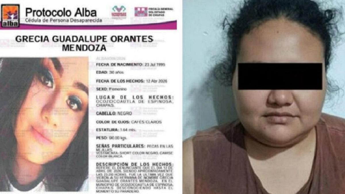 La desaparecida y el cartel de búsqueda con su foto retocada.