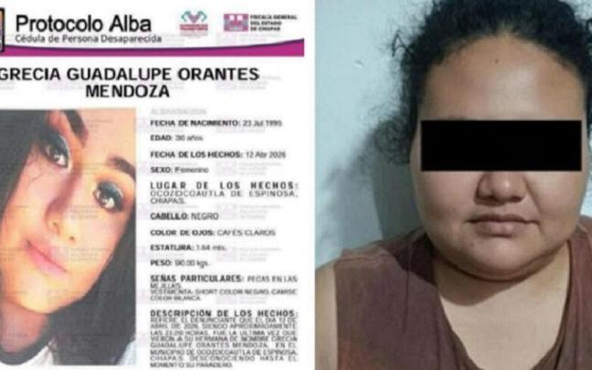 La desaparecida y el cartel de búsqueda con su foto retocada.