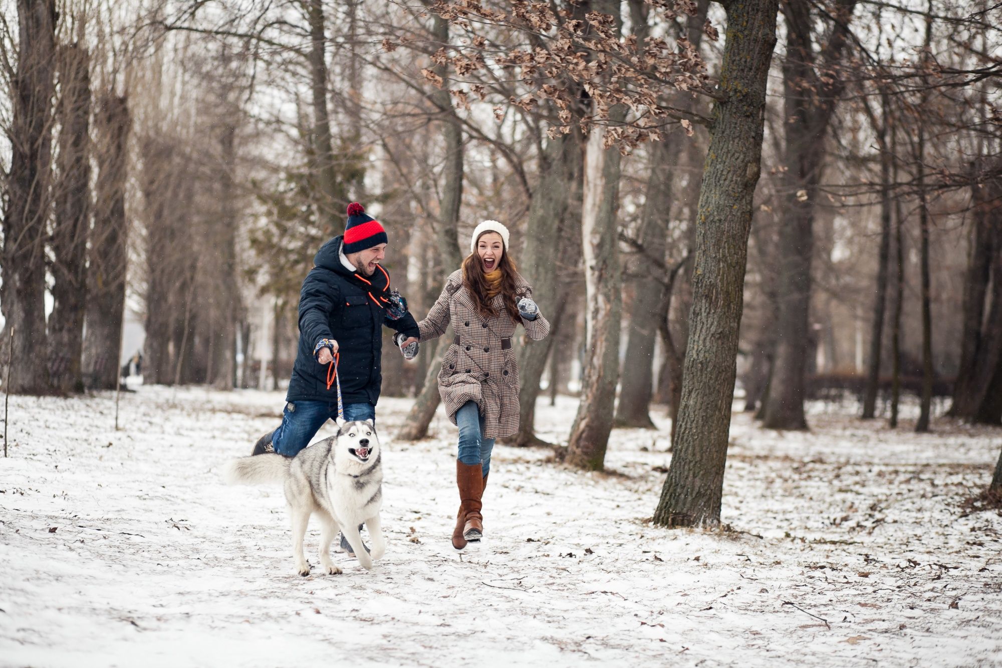 Una pareja pasea con su perro por un paisaje nevado.