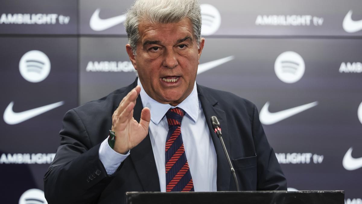 El presidente del Barcelona, Joan Laporta, durante una rueda de prensa.