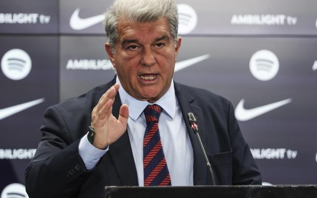 El presidente del Barcelona, Joan Laporta, durante una rueda de prensa.