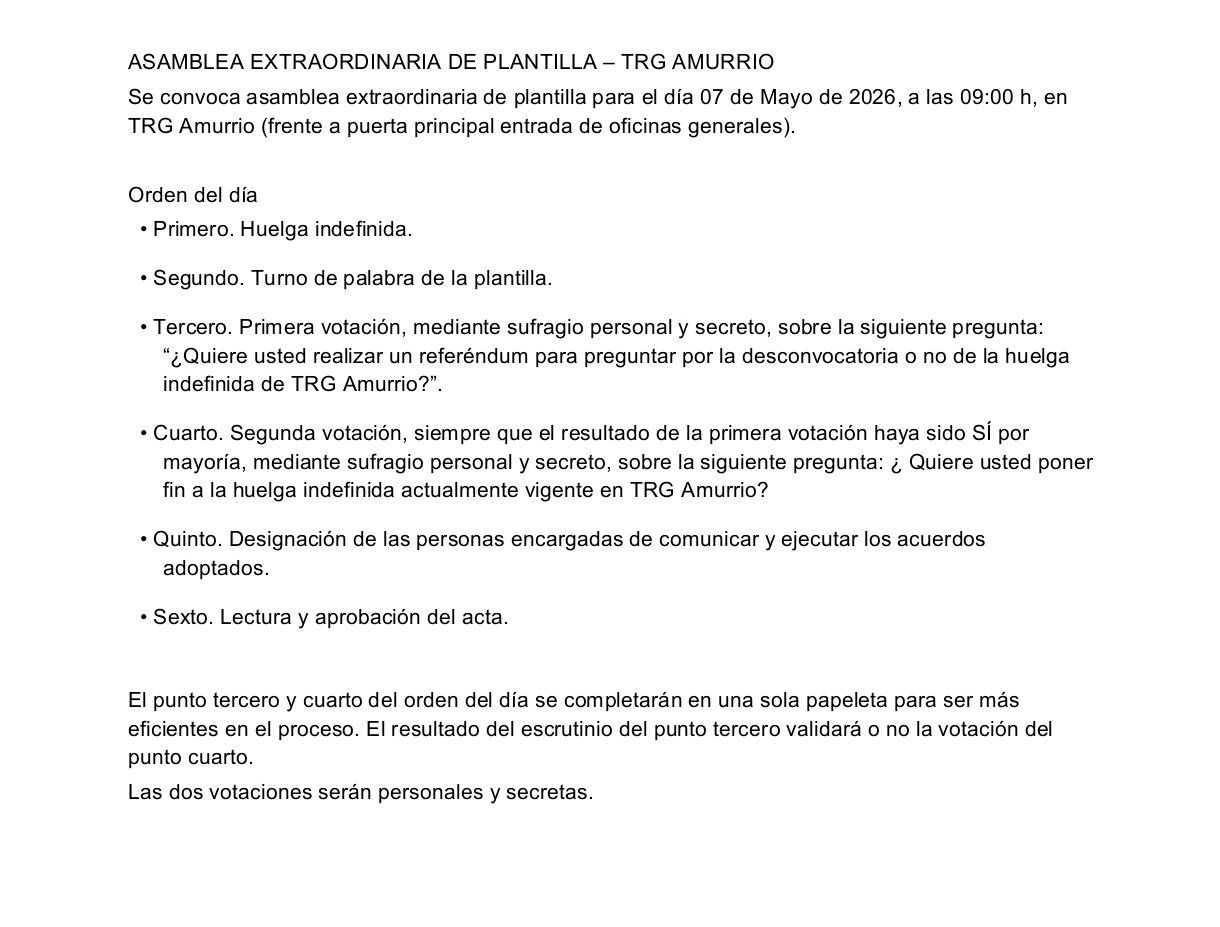Documento remitido a los trabajadores de Tubos Reunidos con motivo de la asamblea extraordinaria de este jueves.