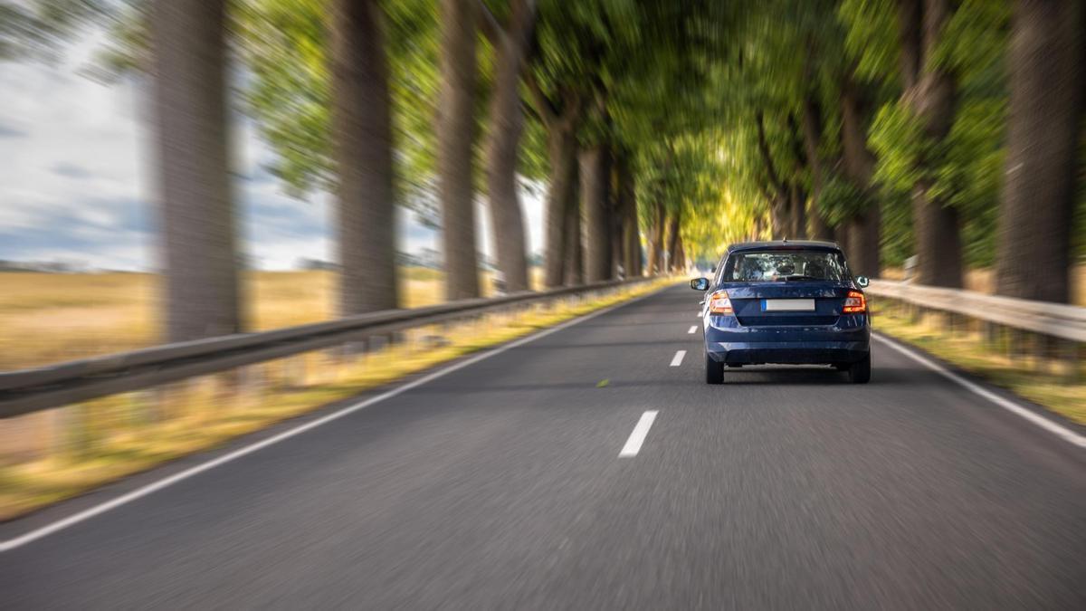 Un coche circula a gran velocidad por una carretera arbolada.
