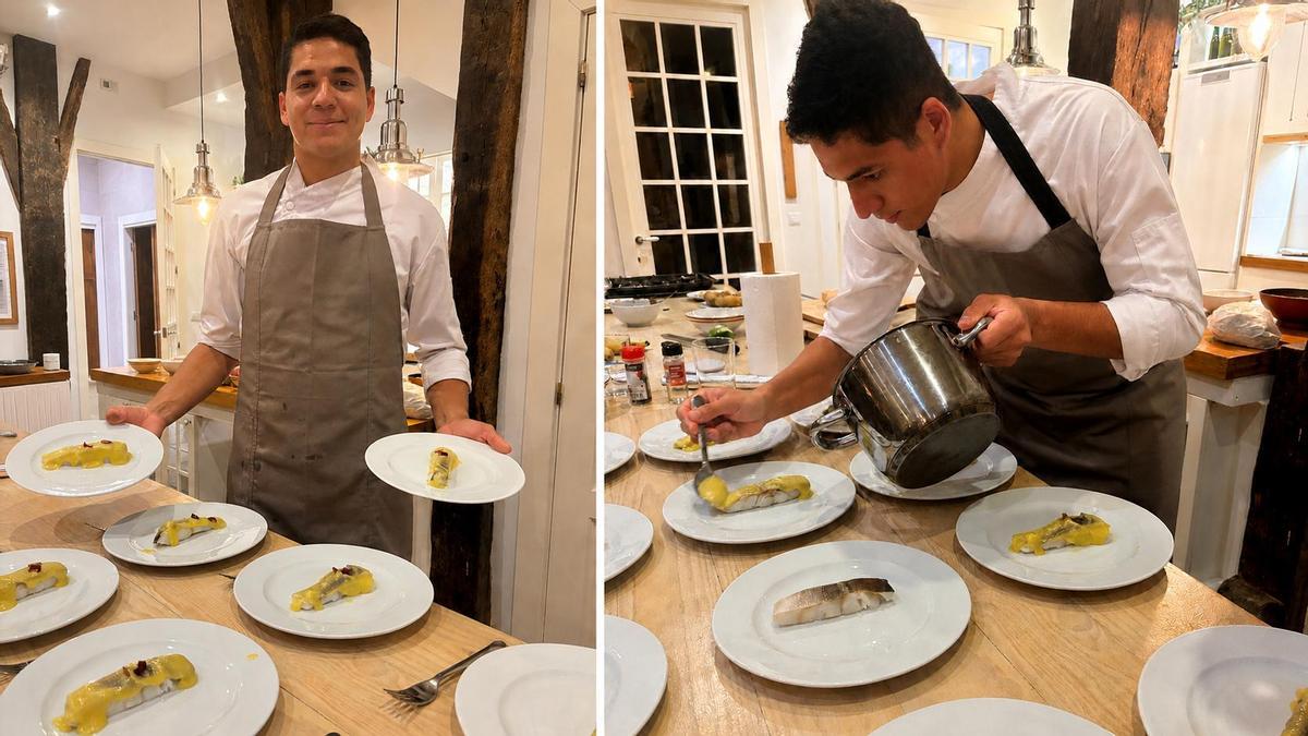 Orlando Bonaci Peña posa con varios platos de bacalao al pilpil.