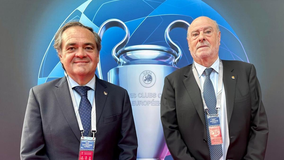 Aperribay, junto al vicepresidente Ángel Oyarzun, en Mónaco. / REAL SOCIEDAD