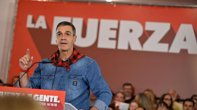 Pedro Sánchez durante el mitin este 14 de octubre en Zaragoza.