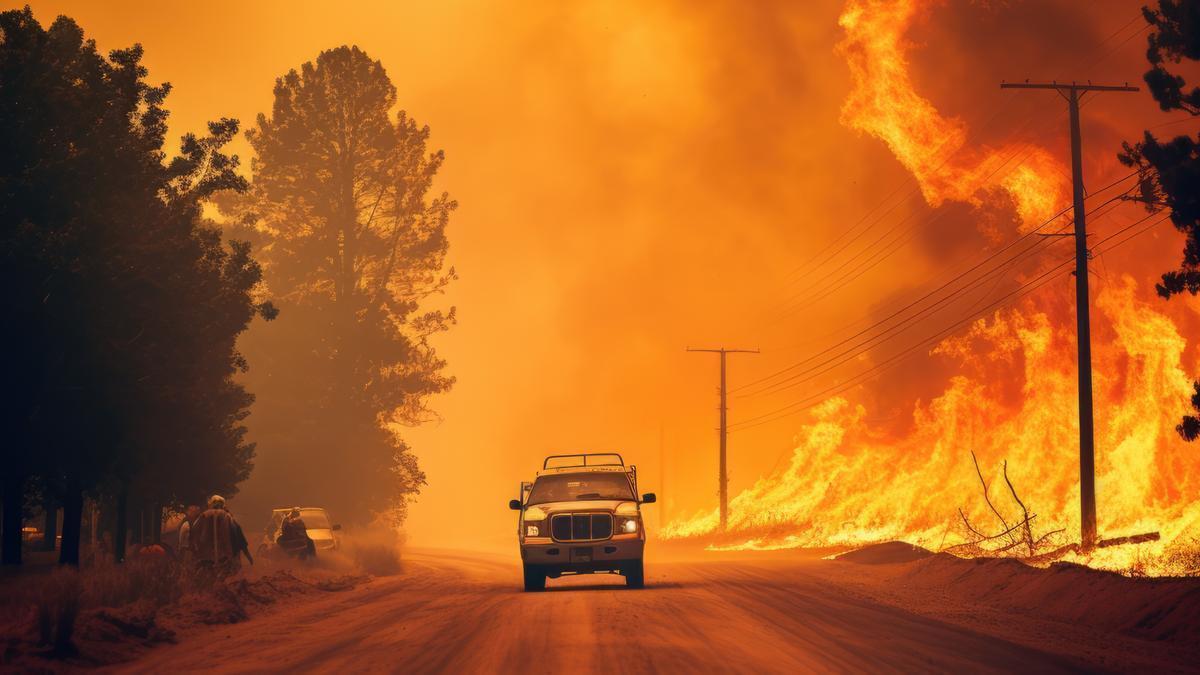 Un coche atraviesa una carretera junto a un incendio.