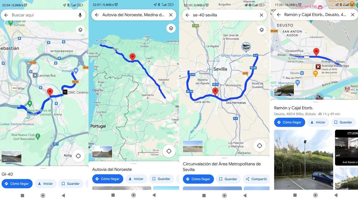 Distintas carreteras y calles resaltadas por Google Maps tras una búsqueda.